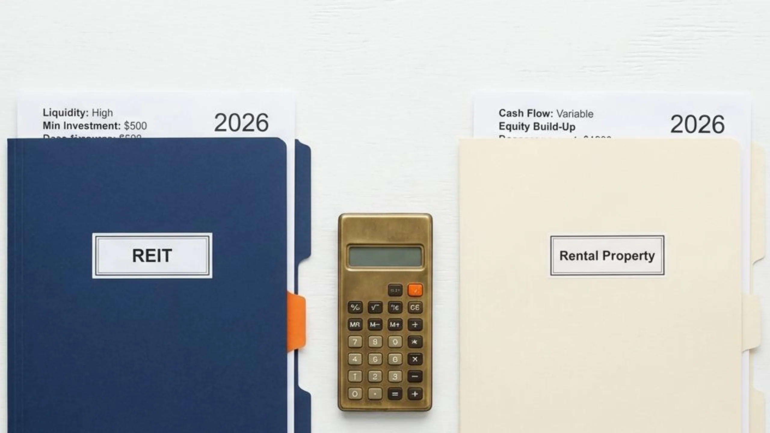 Side-by-side comparison of two labeled folders for REIT vs rental property for with a calculator between