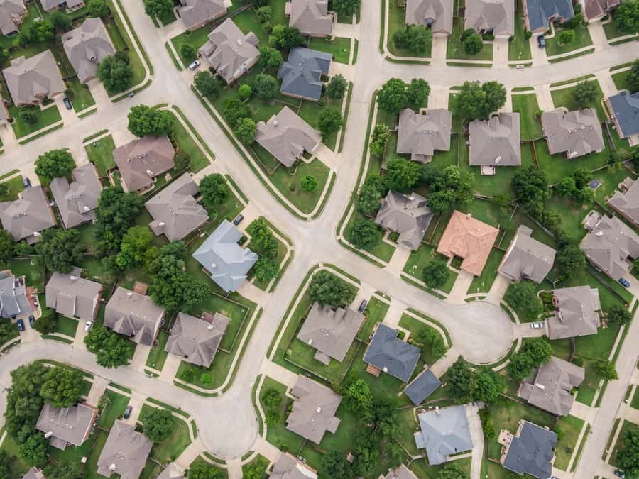 An aerial view of a suburban neighborhood