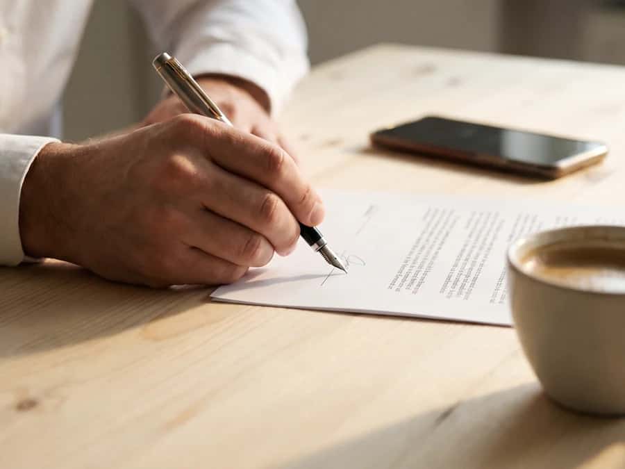 A hand signing a printed contract