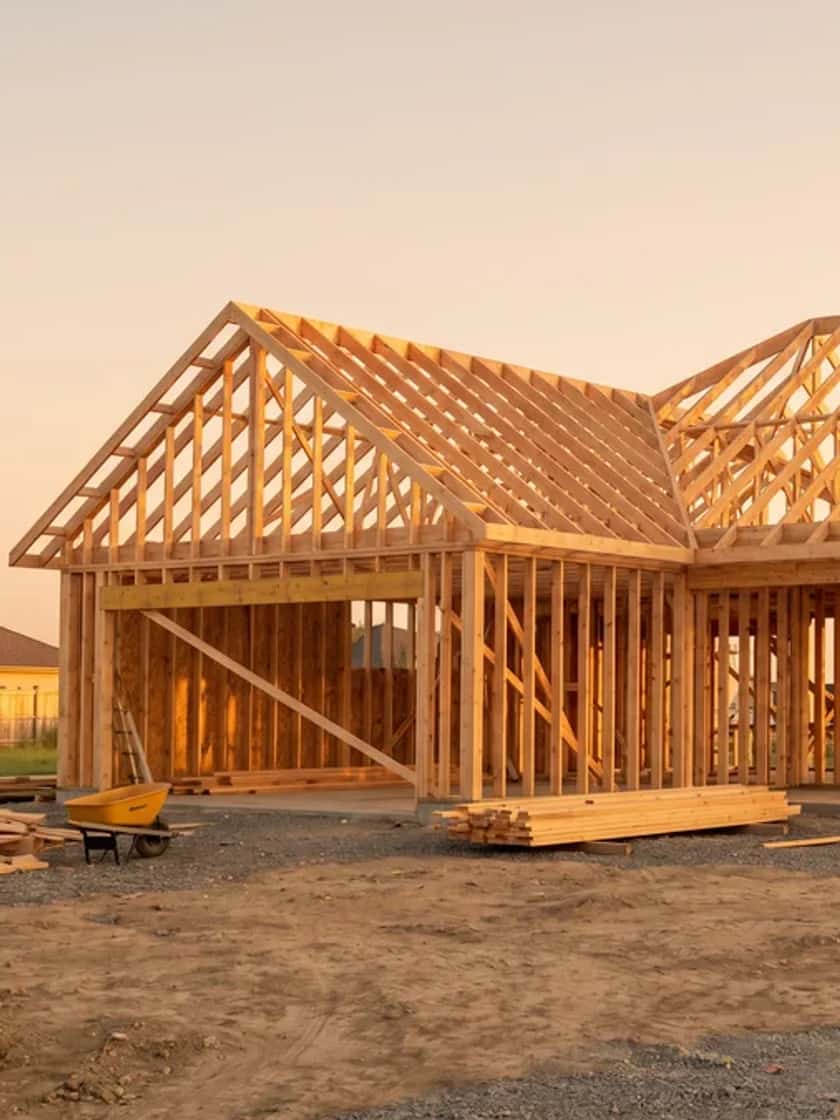 A timber framed house under construction